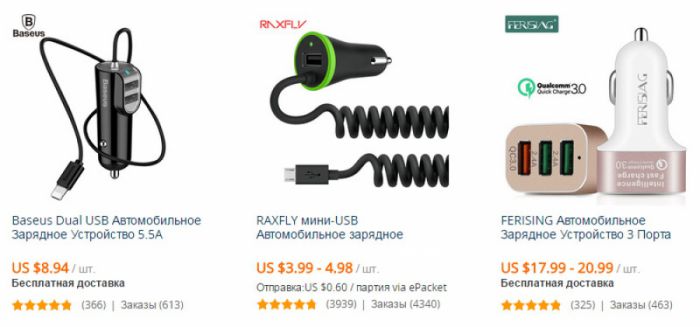 Chargers for cars on Aliexpress